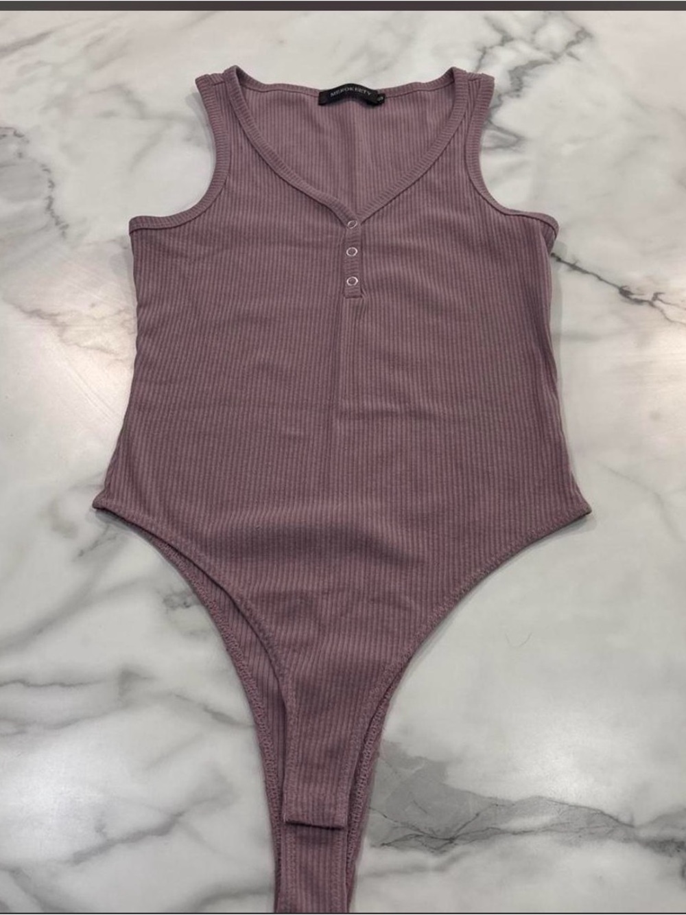 Ribbed Mauve Tank Bodysuit with Snap V-Neck